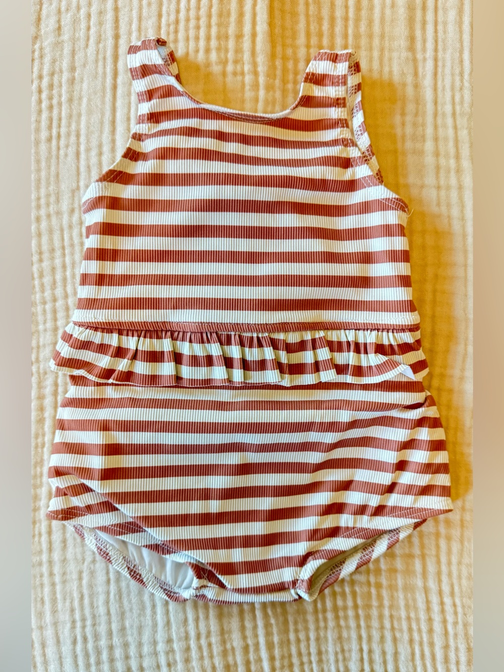 Striped Pink & White Ruffle One-Piece Kids Swimsuit
